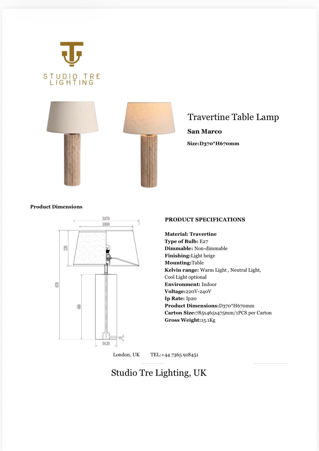 SAN MARCO Travertine Stone Column Lamp