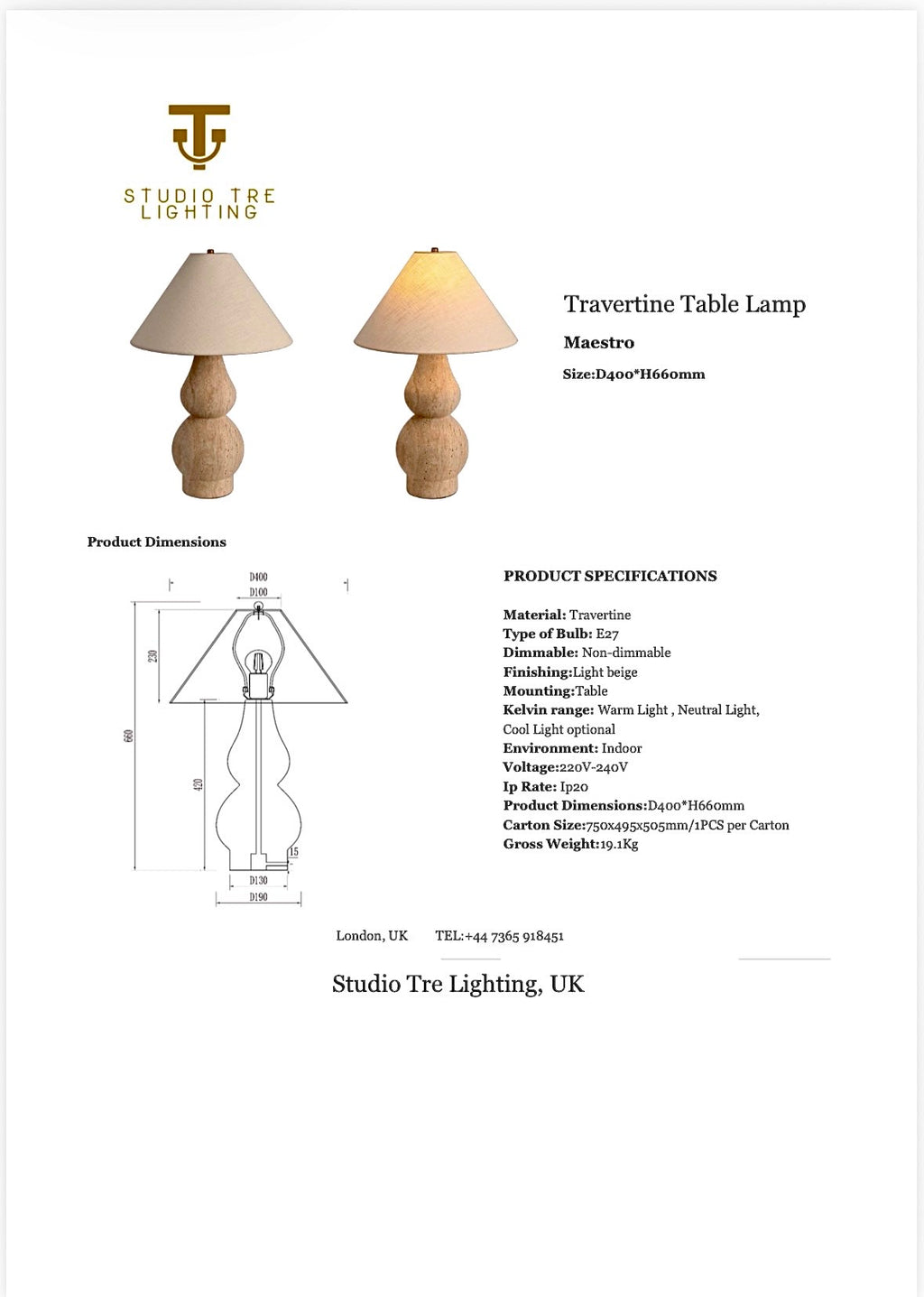 MAESTRO Travertine Stone Table Lamp
