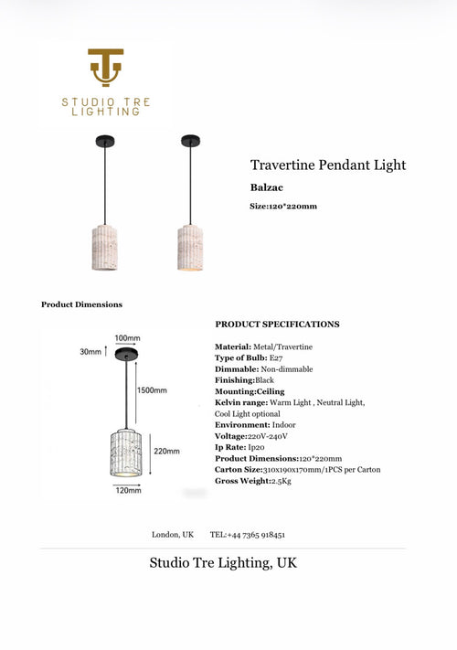 BALZAC Travertine Stone Pendant